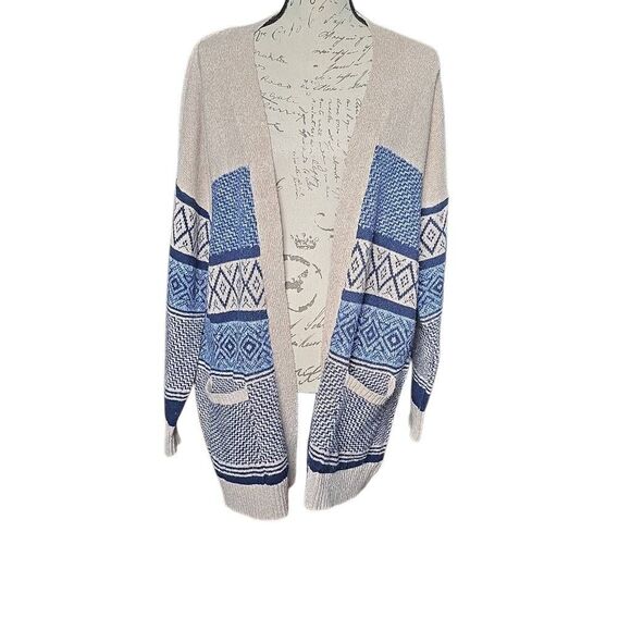 Pink Clover Women's Size Large Beige Navy Diamond Echo Sweater Cardigan - Picture 1 of 6